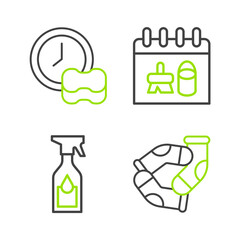 Wall Mural - Set line Socks, Cleaning spray bottle, calendar and Washing dishes icon. Vector