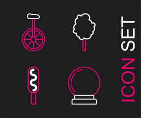 Wall Mural - Set line Magic ball, Corn dog, Cotton candy and Unicycle one wheel bicycle icon. Vector