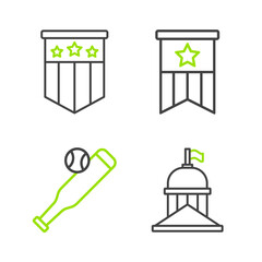 Sticker - Set line White House, Baseball bat with ball, American flag and  icon. Vector