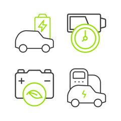 Poster - Set line Electric car, Eco nature leaf battery, Battery charge and  icon. Vector