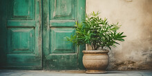 Rectorate Entrance Door Stock Photo Green Old Vintage Wooden Victorian European Front Door Or Back Door And A Window As A Backdrop Or Background Design Element With Plant On The Front Ai Generative