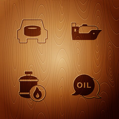 Wall Mural - Set Word oil, Spare wheel in the car, Propane gas tank and Oil tanker ship on wooden background. Vector