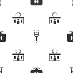 Sticker - Set Location hospital, Crutch or crutches and Hospital building on seamless pattern. Vector