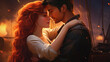 Illustration of fantasy character, ideal for novel book cover. Redhead Woman and Man Love captain