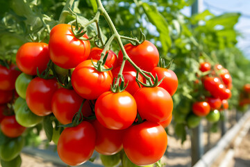 Wall Mural - Ripe red tomatoes on a branch in a greenhouse. Vegetable garden.