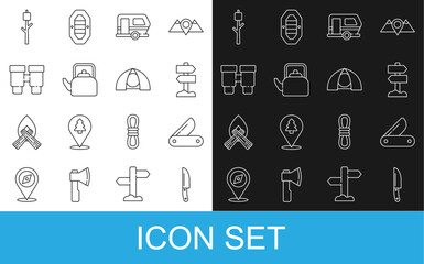 Sticker - Set line Knife, Swiss army knife, Road traffic signpost, Rv Camping trailer, Kettle with handle, Binoculars, Marshmallow on stick and Tourist tent icon. Vector