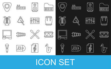 Wall Mural - Set line Musical instrument saxophone, Drum, Stereo speaker, Triangle, Ancient lyre, Guitar pick and Sound mixer controller icon. Vector