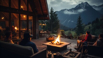 A man sitting in a chair next to a fire pit