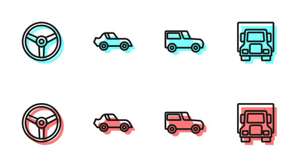 Wall Mural - Set line Car, Steering wheel,  and Delivery cargo truck icon. Vector