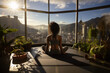 © sofiko14 - Back view of african woman practicing yoga sitting in the lotus position against the background of a panoramic window with an urban view