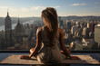 Back view of african woman practicing yoga sitting in the lotus position against the background of a panoramic window with an urban view