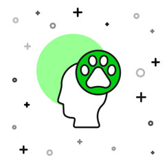 Sticker - Filled outline Human head with animals footprint icon isolated on white background. Pet paw in heart. Love to the animals.  Vector