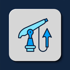 Poster - Filled outline Fishing harpoon icon isolated on blue background. Fishery manufacturers for catching fish under water. Diving underwater equipment.  Vector