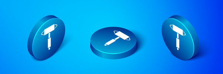 Poster - Isometric Firefighter axe icon isolated on blue background. Fire axe. Blue circle button. Vector