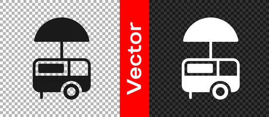 Sticker - Black Fast street food cart with awning icon isolated on transparent background. Urban kiosk. Ice cream truck.  Vector