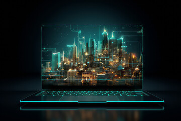 Laptop computer screen with a detailed image of a city. Modern business concept. New development project. Mixed media