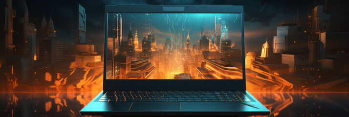 Laptop computer screen with a detailed image of a city. Modern business concept. New development project. Mixed media