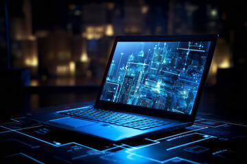 Laptop computer screen with a detailed image of a city. Modern business concept. New development project. Mixed media