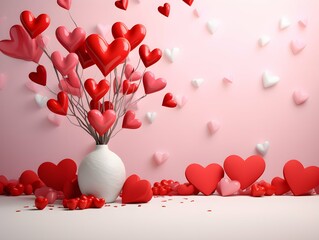 Pink valentines background with  red hearts