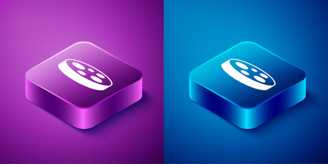 Poster - Isometric Petri dish with bacteria icon isolated on blue and purple background. Square button. Vector