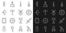Set Line Sword With Blood, Medieval Sword, Ancient Coin, Axe, Bow And Arrow, Torch Flame And Windmill Icon. Vector