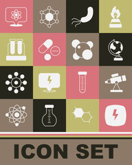 Poster - Set Lightning bolt, Telescope, Earth globe, Bacteria, Medicine pill or tablet, Test tube, Atom and Molecule icon. Vector