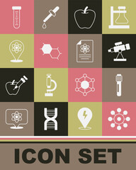 Poster - Set Virus, Test tube, Telescope, Apple, Chemical formula, Atom,  and Chemistry report icon. Vector