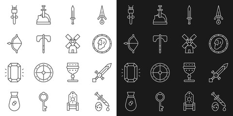 Sticker - Set line Sword with blood, Medieval sword, Ancient coin, axe, bow and arrow, Torch flame and Windmill icon. Vector