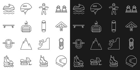 Poster - Set line Helmet, Climber rope, Hang glider, Bungee jumping, Ski lift, Longboard or skateboard, Jet ski and Skateboard trick icon. Vector