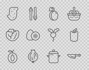 Sticker - Set line Plum fruit, Knife, Garlic, Potato, Kiwi, Cooking pot and Bell pepper icon. Vector