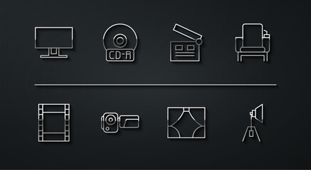 Poster - Set line Smart Tv, Play Video, Cinema chair, Curtain, camera, CD or DVD disk, Movie spotlight and clapper icon. Vector