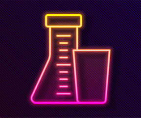 Wall Mural - Glowing neon line Test tube and flask chemical laboratory test icon isolated on black background. Laboratory glassware sign.  Vector