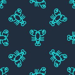 Sticker - Green line Lobster icon isolated seamless pattern on blue background.  Vector