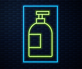 Wall Mural - Glowing neon line Dishwashing liquid bottle icon isolated on brick wall background. Liquid detergent for washing dishes.  Vector