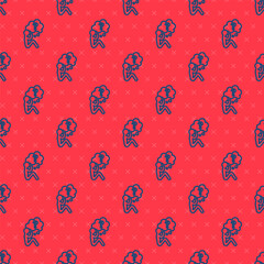 Poster - Blue line Human head with question mark icon isolated seamless pattern on red background.  Vector