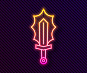 Poster - Glowing neon line Magic sword in fire icon isolated on black background. Fiery sword. Magic weapon of knight, sorcerer, magician. Fire spell. Burning blade.  Vector