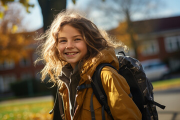 Happy school girl with backpack portrait outdoors. Portrait of schoolchild at autumn at the street