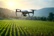 Drone flying over the green field. Drone flying over agricultural field.