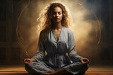Fototapeta  - Woman practice meditation with Tibetan singing bowls in front of brown background