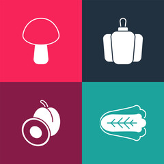 Poster - Set pop art Cabbage, Plum fruit, Bell pepper and Mushroom icon. Vector