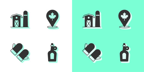 Poster - Set Bottle of maple syrup, Farm house, Christmas mitten and Canadian leaf icon. Vector