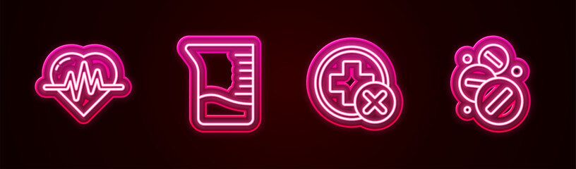 Poster - Set line Heart rate, Measuring cup, Cross hospital medical and Medicine pill or tablet. Glowing neon icon. Vector