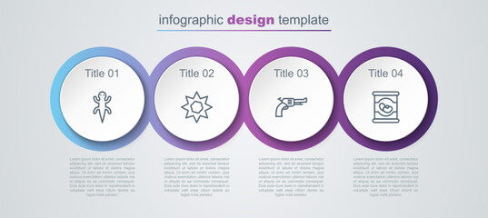 Wall Mural - Set line Lizard, Sun, Revolver gun and Beans in can. Business infographic template. Vector