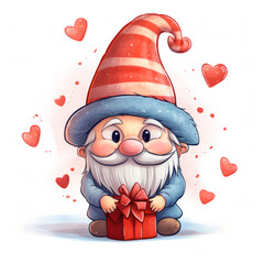 Wall Mural - Cute garden gnome with heart hand drawn Illustration, Valentines day. Funny emotion gnome for interior design, greeting card, postcard, brochure, phone case, kids, package, sticker, patch