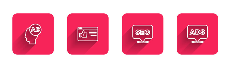 Sticker - Set line Advertising, Browser window, SEO optimization and  with long shadow. Red square button. Vector