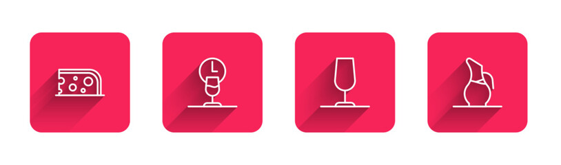 Poster - Set line Cheese, Wine time, glass and Decanter for wine with long shadow. Red square button. Vector