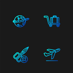 Sticker - Set line Plane takeoff, No scissors, Globe with flying plane and Trolley baggage. Gradient color icons. Vector