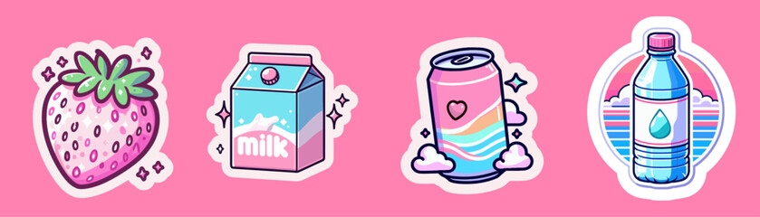 Set of anime style drink stickers on a dark background. Soda can and milk cartoon in cute cartoon style.