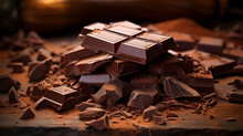 Broken Chocolate Pieces And Cocoa Powder On Wooden Background