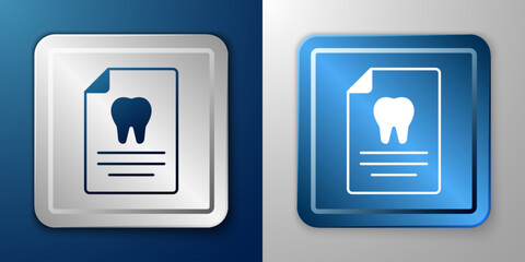 Poster - White Clipboard with dental card or patient medical records icon isolated on blue and grey background. Dental insurance. Dental clinic report. Silver and blue square button. Vector